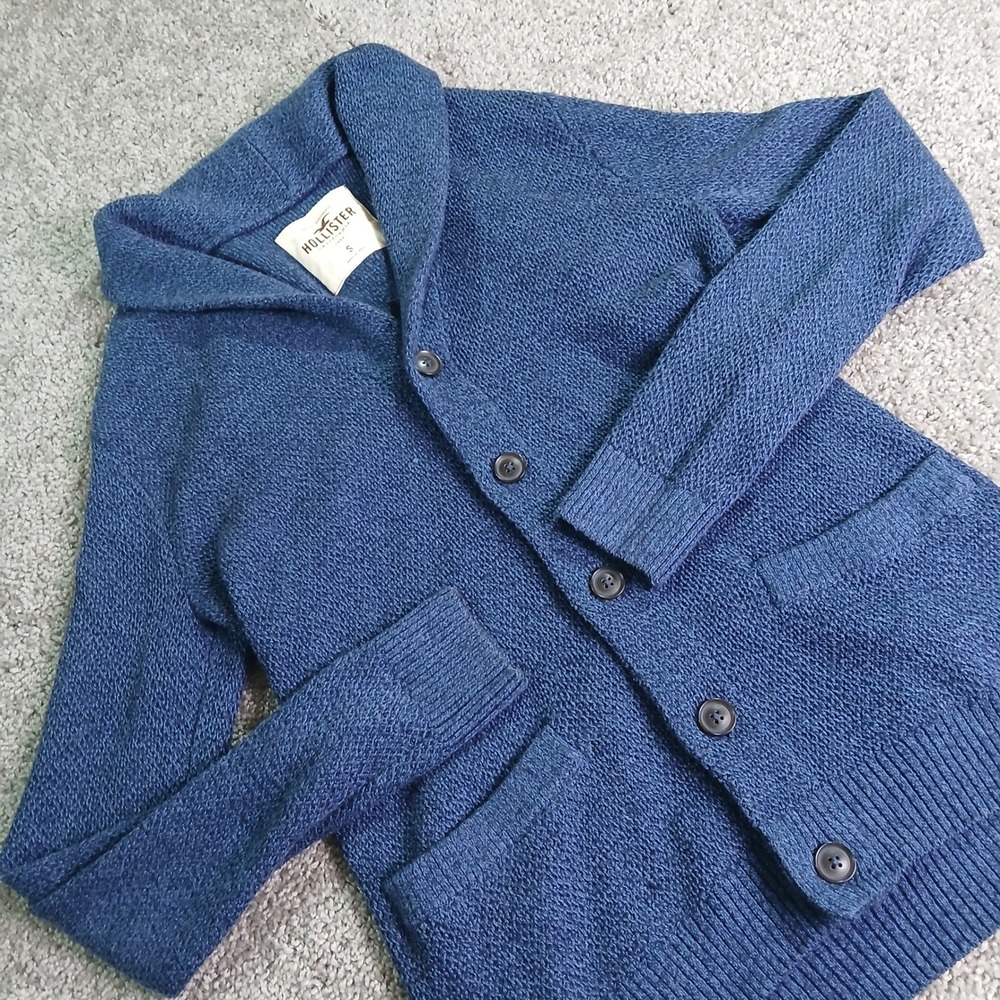 Hollister Mens Shawl Collar Cardigan Sweater Blue Marl Knit Size Small